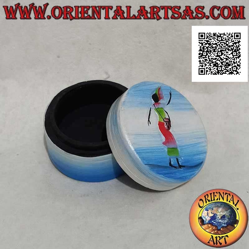 Hand-painted cylindrical jewelry box in Sahara style in balsa wood (small)