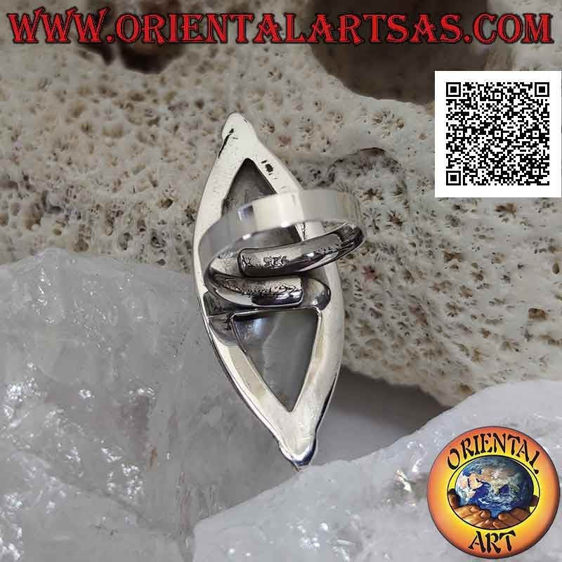 Adjustable silver ring with large shuttle mother-of-pearl on a smooth setting and trio of balls