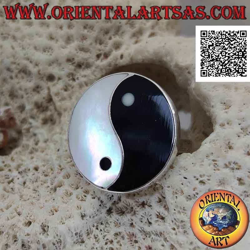 Bague ajustable en argent avec yin yang de nacre et onyx rond et plat et fil de bord