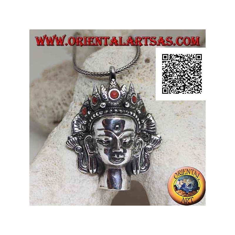Silver pendant, Thai Buddha head with natural coral crown