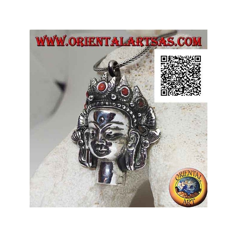 Pendentif en argent, tête de Bouddha thaïlandais avec couronne de corail naturel