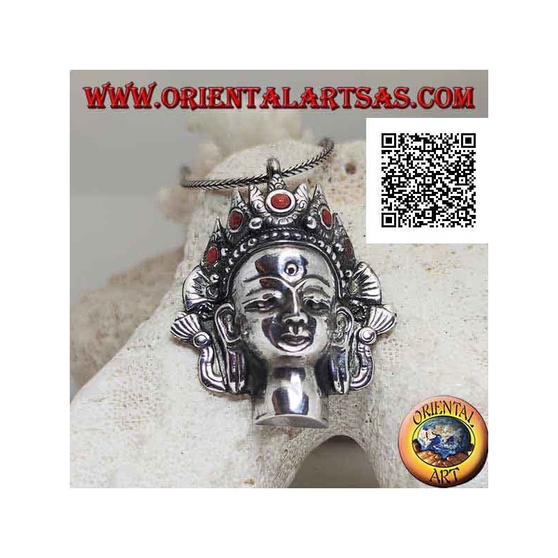 Ciondolo in argento, testa di Buddha thailandese con corona di coralli naturali