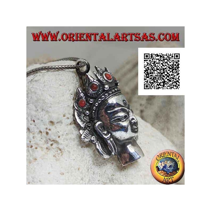 Pendentif en argent, tête de Bouddha thaïlandais avec couronne de corail naturel