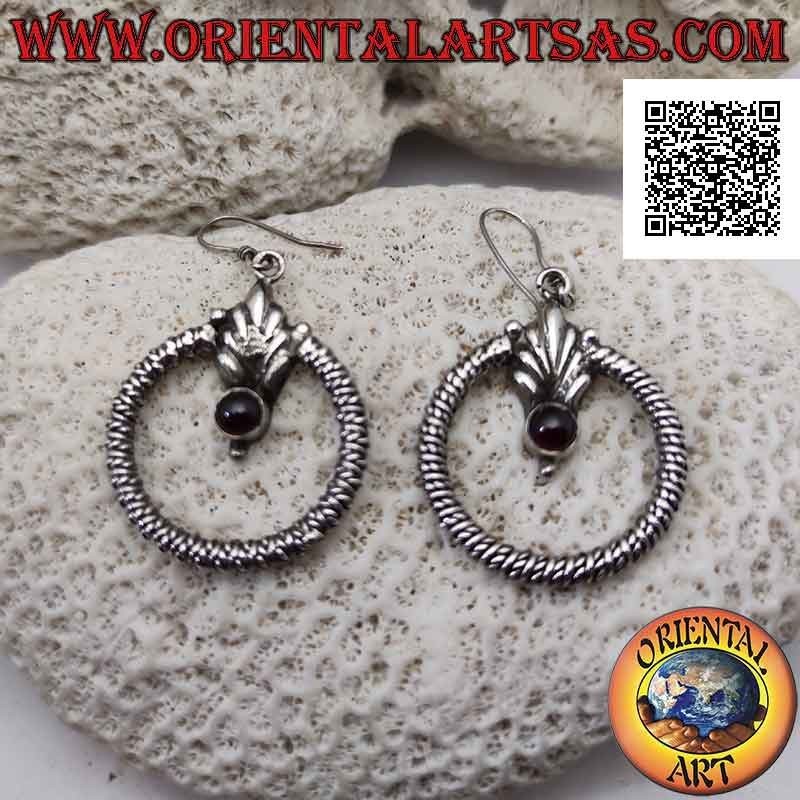 Silver leverback earrings with thick intertwined circle and garnet on a central flower