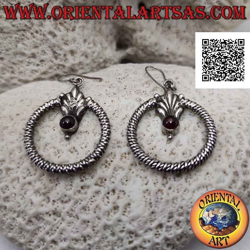 Silver leverback earrings with thick intertwined circle and garnet on a central flower