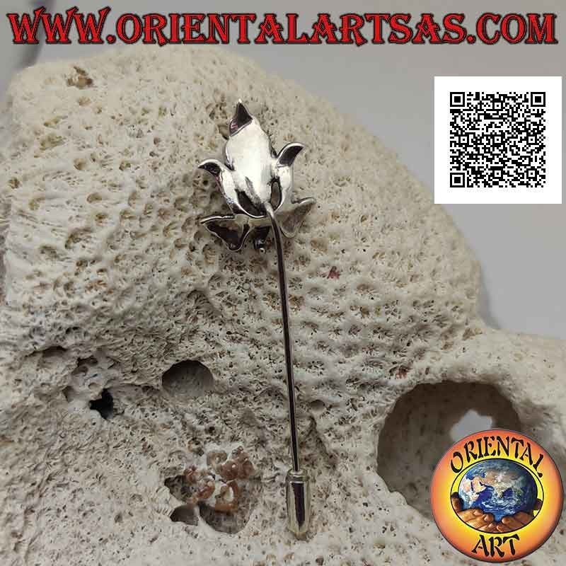 Alfiler de plata 925 ‰ tachonado de marcasita en forma de cala con perla central y lazo