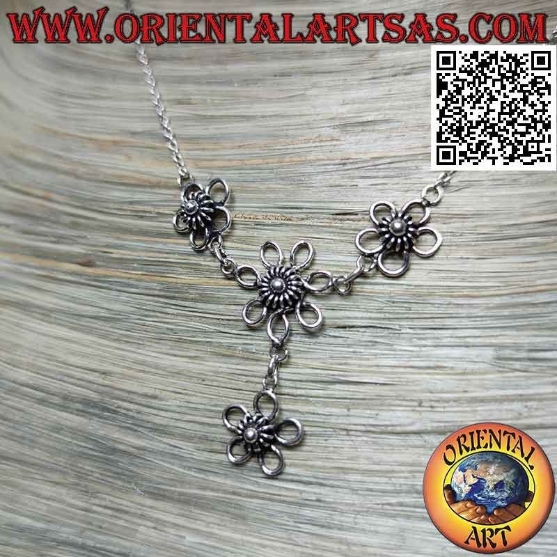 Collier en argent 925 avec chaîne tour de cou avec 4 fleurs centrales