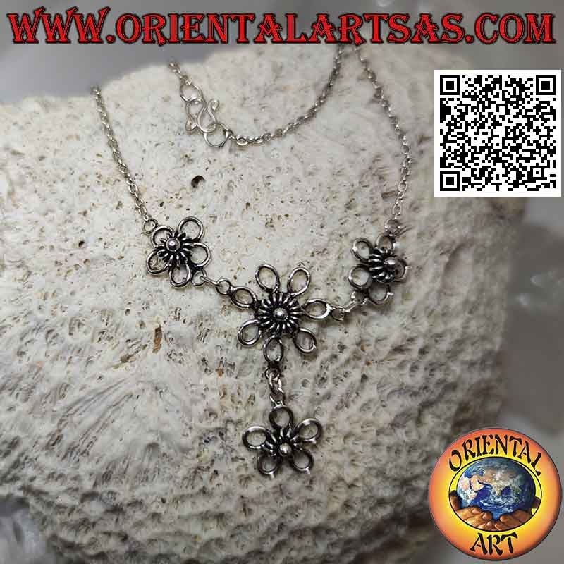 925 925 silver necklace with choker chain with 4 central flowers