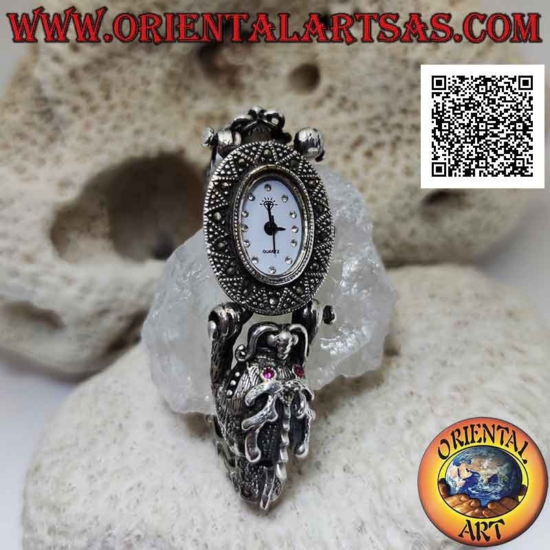 Montre à quartz en argent 925 ‰ bracelet de dragons aux yeux rubis et clouté de marcassite