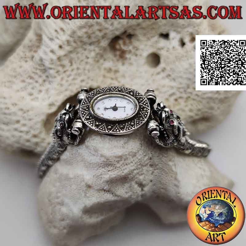 Montre à quartz en argent 925 ‰ bracelet de dragons aux yeux rubis et clouté de marcassite