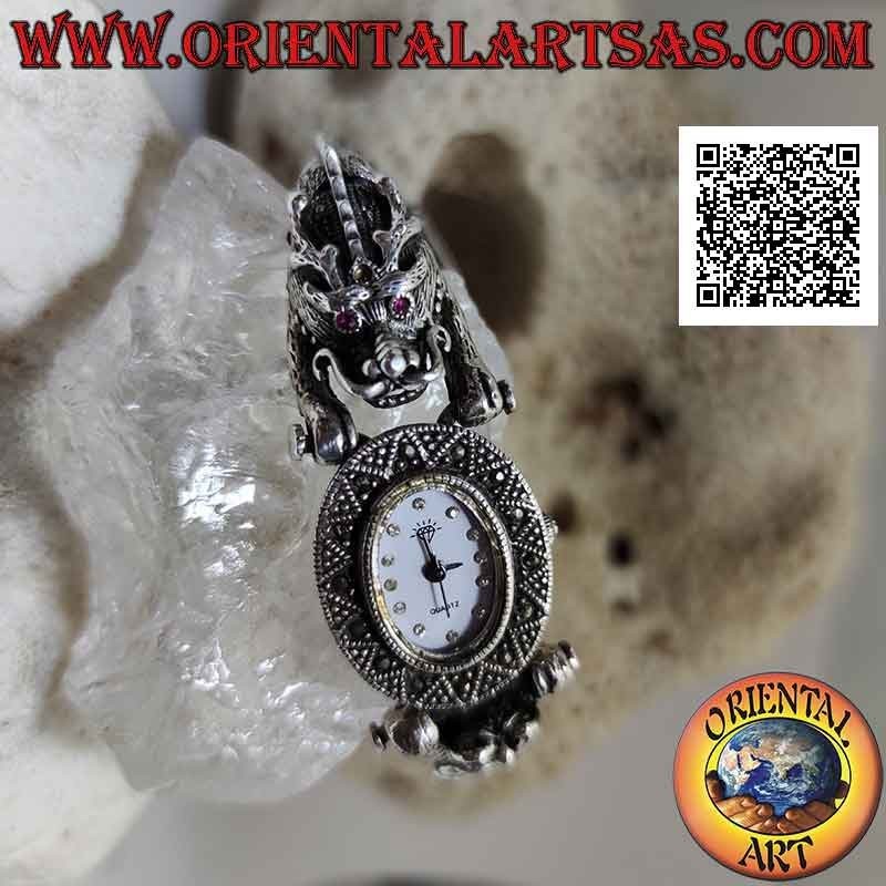 Quartz watch in 925 ‰ silver dragon strap with ruby eyes and studded with marcasite