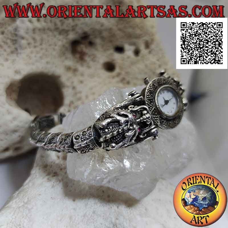 Quartz watch in 925 ‰ silver dragon strap with ruby eyes and studded with marcasite