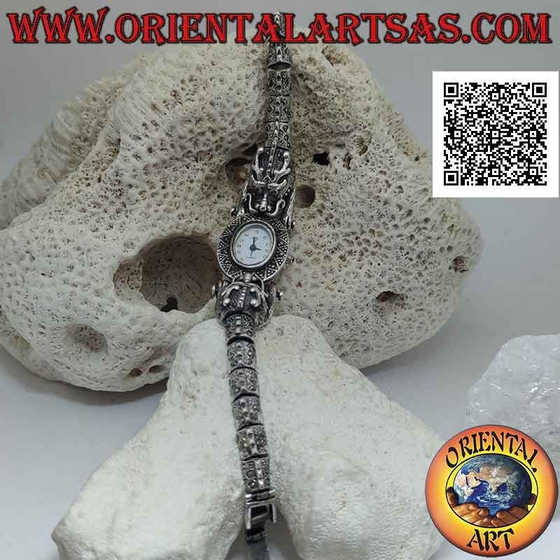 Reloj de cuarzo con correa de dragón de plata 925 ‰ con ojos de rubí y tachonado de marcasita