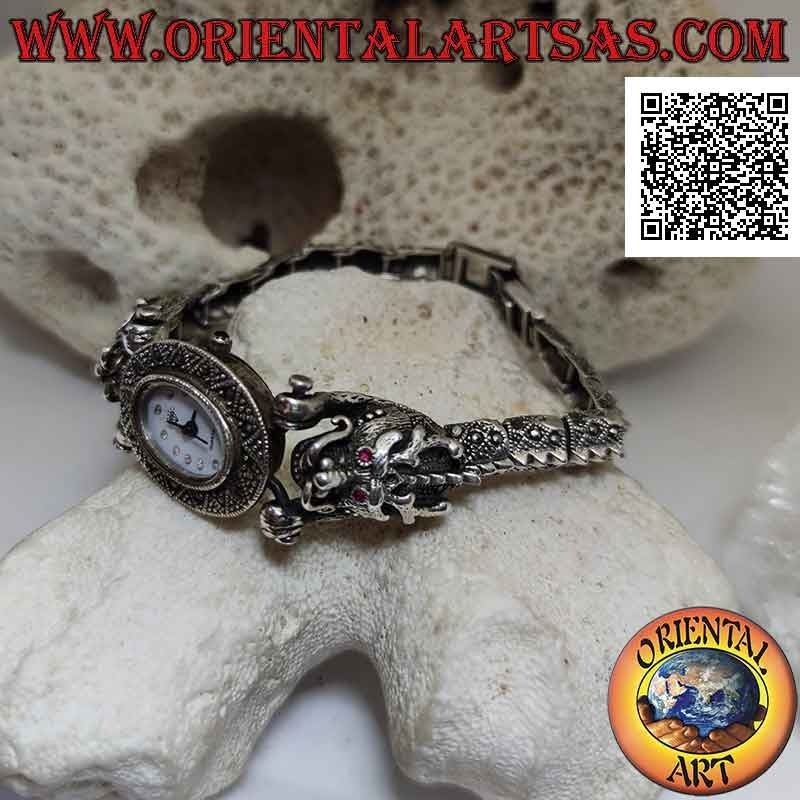 Reloj de cuarzo con correa de dragón de plata 925 ‰ con ojos de rubí y tachonado de marcasita