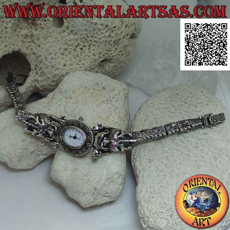 Orologio al quarzo in argento 925‰ cinturino di draghi con occhi di rubini e tempestato di marcasite