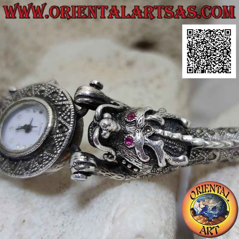 Quarzuhr aus 925 ‰ silbernem Drachenarmband mit rubinroten Augen und mit Markasit besetzt