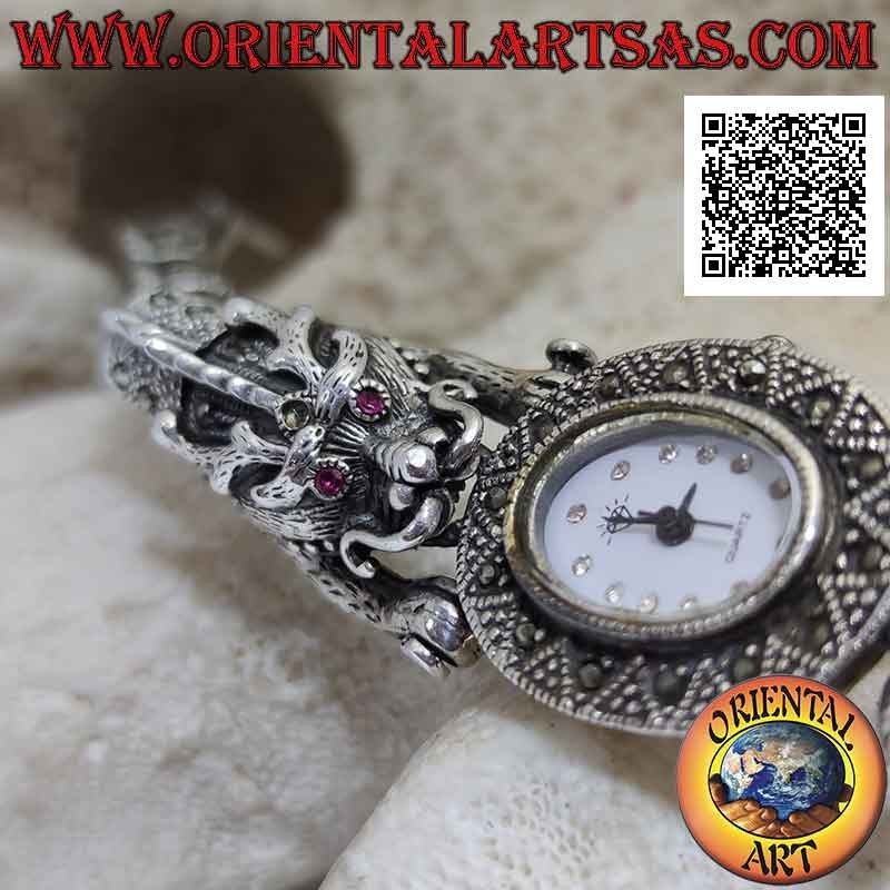 Orologio al quarzo in argento 925‰ cinturino di draghi con occhi di rubini e tempestato di marcasite