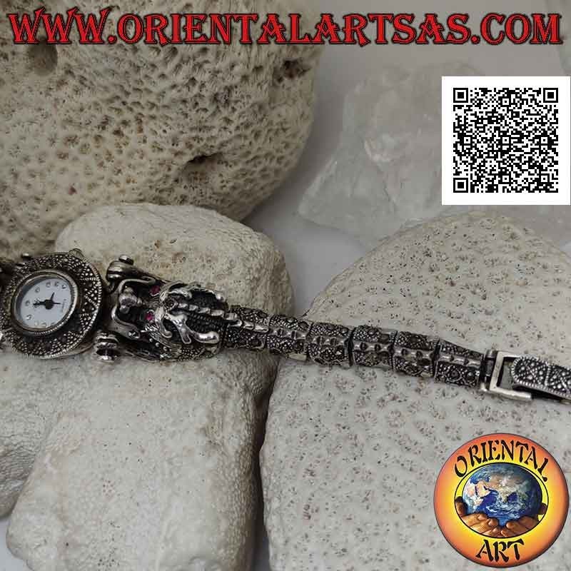 Montre à quartz en argent 925 ‰ bracelet de dragons aux yeux rubis et clouté de marcassite