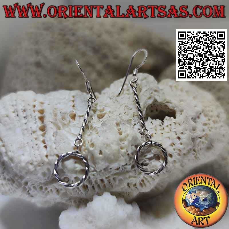 Silver leverback earrings with hanging thread and twisted circle