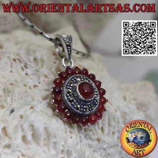 Round silver pendant with 18 + 1 round carnelians and marcasites
