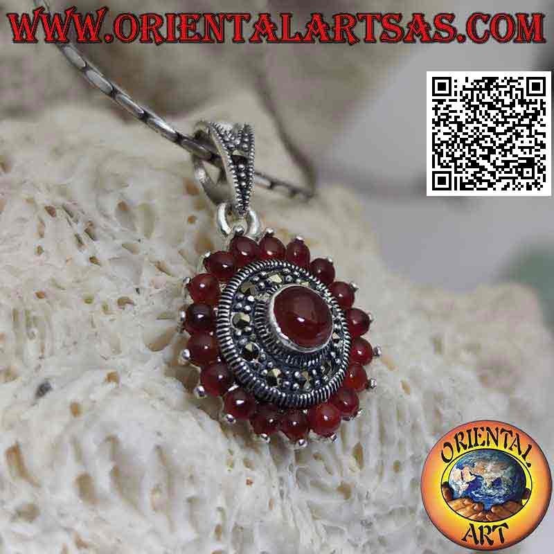 Round silver pendant with 18 + 1 round carnelians and marcasites