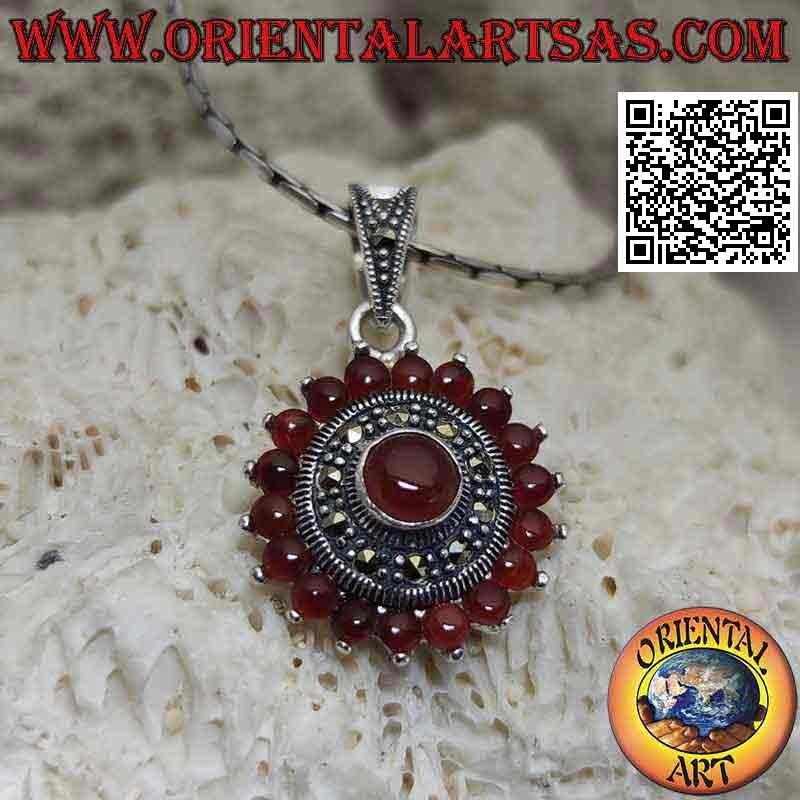 Round silver pendant with 18 + 1 round carnelians and marcasites
