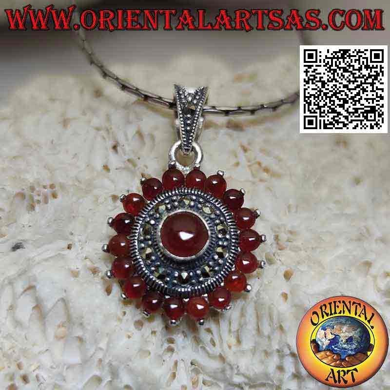 Round silver pendant with 18 + 1 round carnelians and marcasites