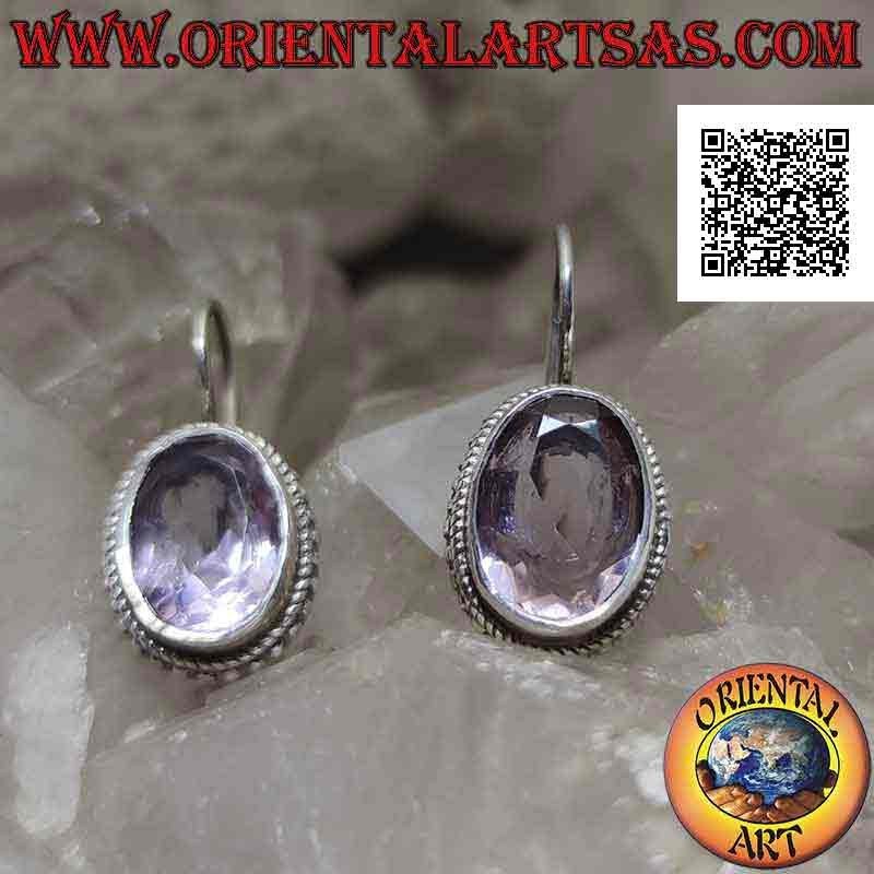 Pendientes de plata con amatista transparente facetada ovalada natural rodeada de tejido