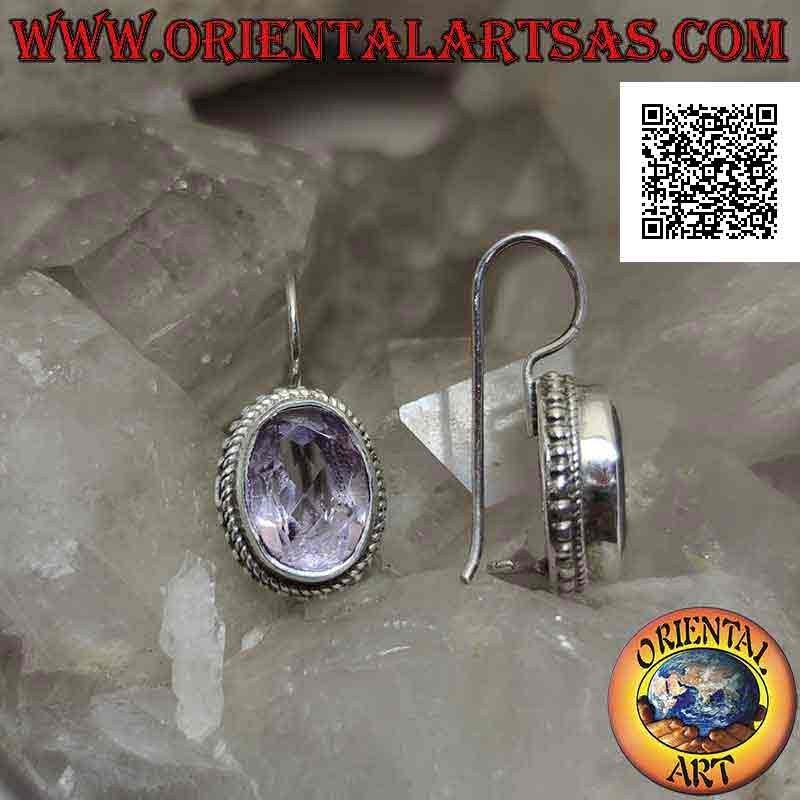 Pendientes de plata con amatista transparente facetada ovalada natural rodeada de tejido