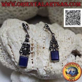 Boucles d'oreilles lobe en argent avec lapis lazuli rectangulaire et "A" clouté de marcassite dessus