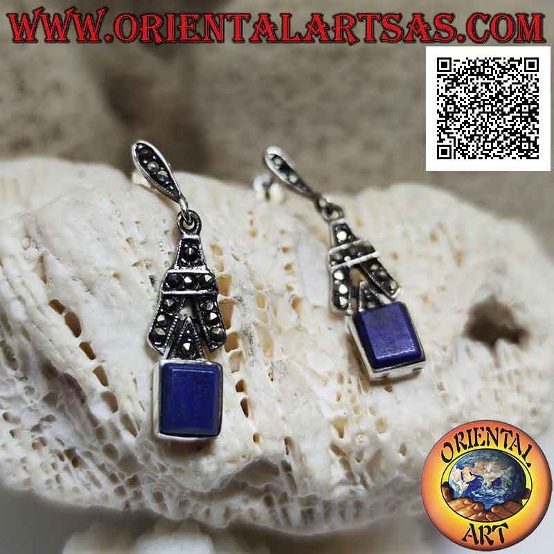 Silver lobe earrings with rectangular lapis lazuli and "A" studded with marcasite above