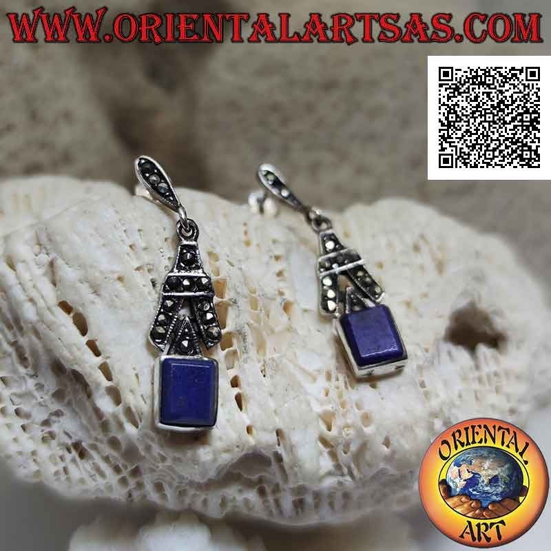 Silver lobe earrings with rectangular lapis lazuli and "A" studded with marcasite above