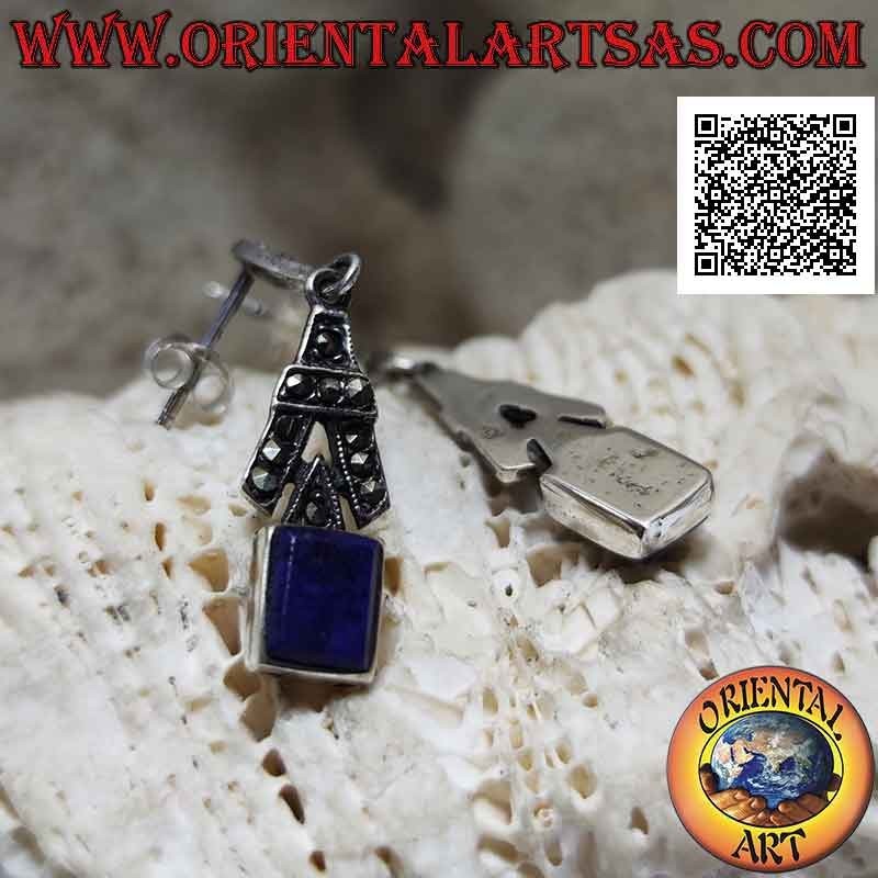 Aretes de plata con lóbulos con lapislázuli rectangular y "A" tachonada con marcasita en la parte superior