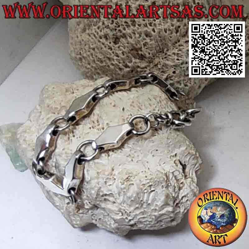 Silver bracelet with three-dimensional rhombus chain and smooth alternating rings