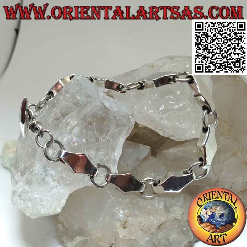 Silver bracelet with three-dimensional rhombus chain and smooth alternating rings