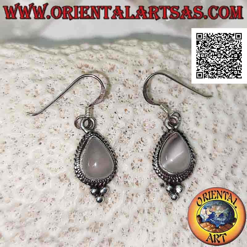 Silver earrings with cabochon drop moonstone surrounded by interweaving and trio of balls below