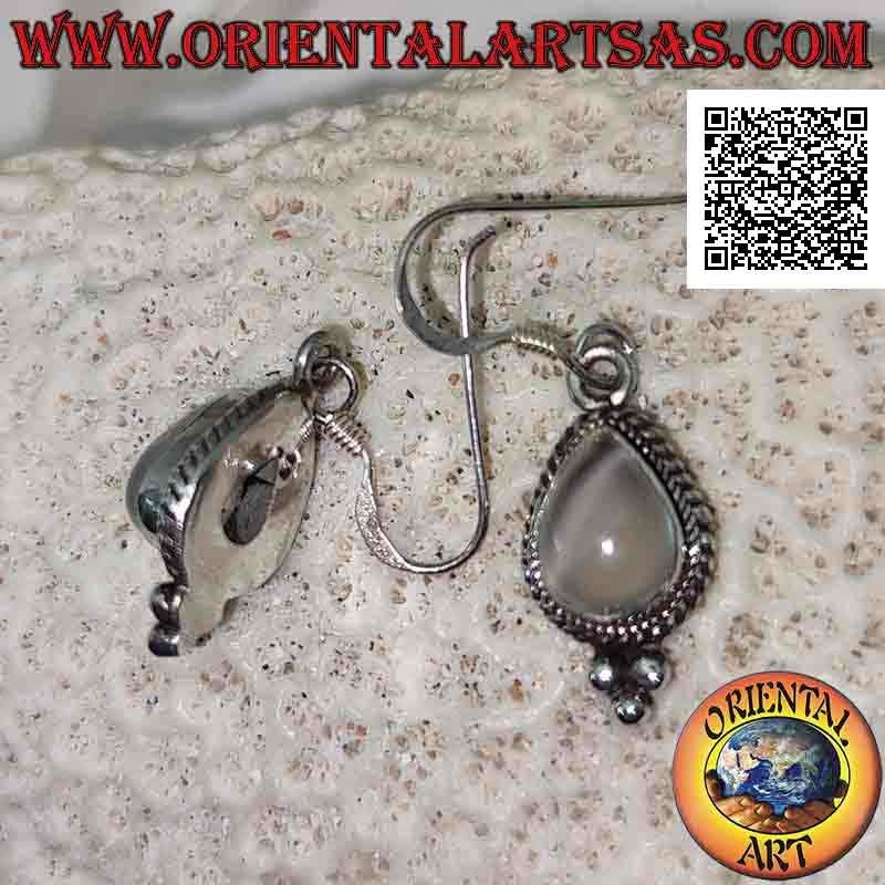 Silver earrings with cabochon drop moonstone surrounded by interweaving and trio of balls below