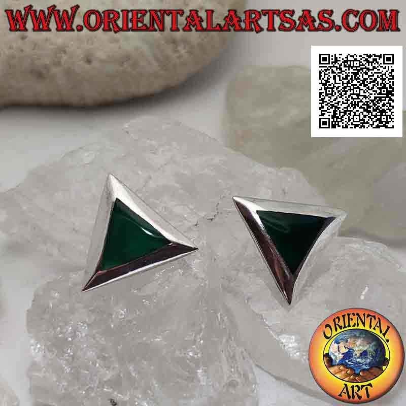 Boucles d'oreilles en argent avec fermeture à clip avec agate verte triangulaire avec bord lisse (sans trou)