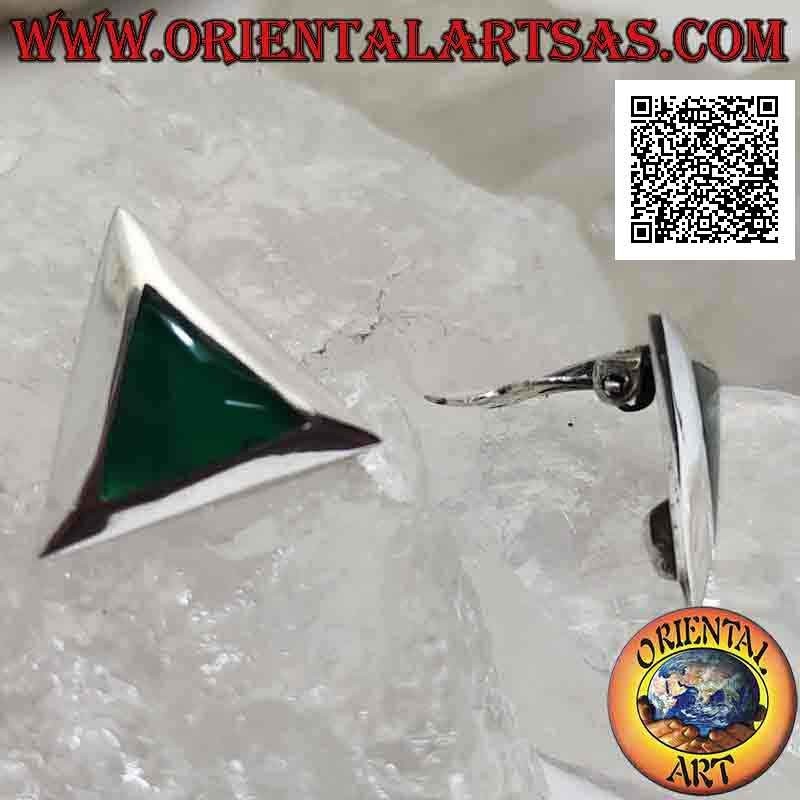 Boucles d'oreilles en argent avec fermeture à clip avec agate verte triangulaire avec bord lisse (sans trou)