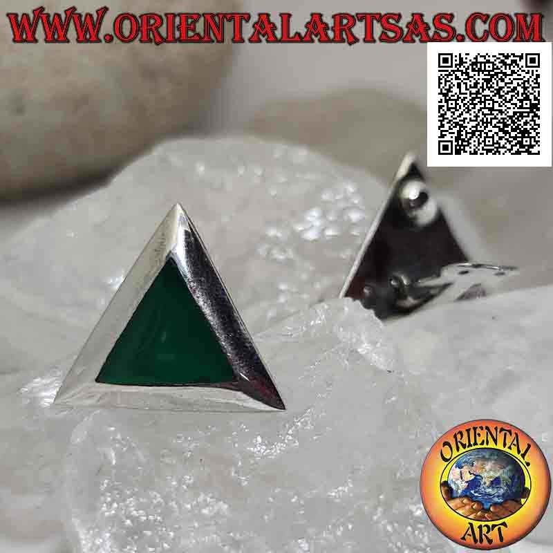 Silver earrings with clip closure with triangular green agate with smooth edge (without hole)