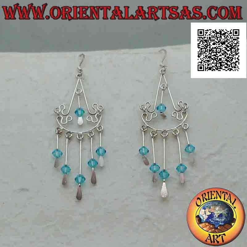 Boucles d'oreilles arc de style baroque en argent avec cristaux bleus suspendus au centre et en dessous