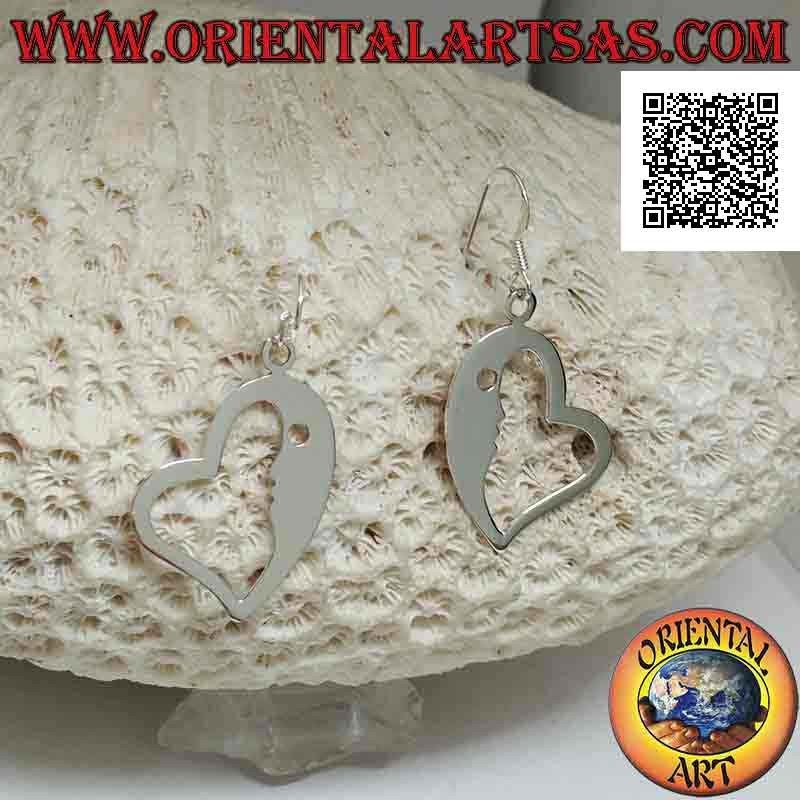 Heart-shaped silver hook earrings with crescent on one side