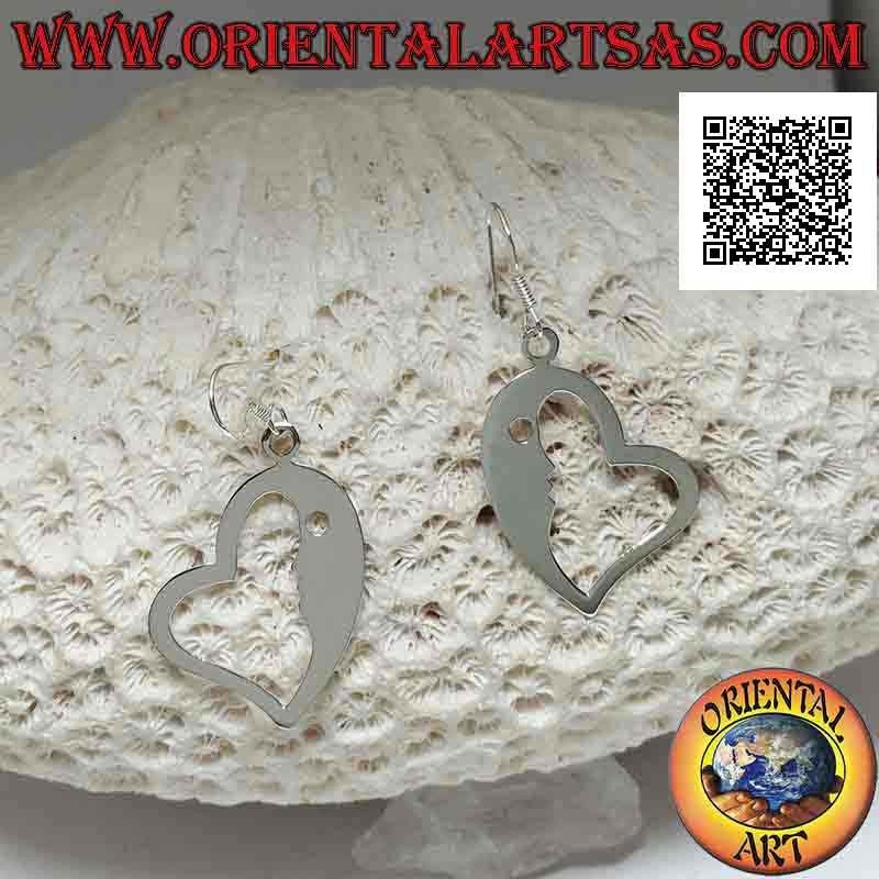 Heart-shaped silver hook earrings with crescent on one side