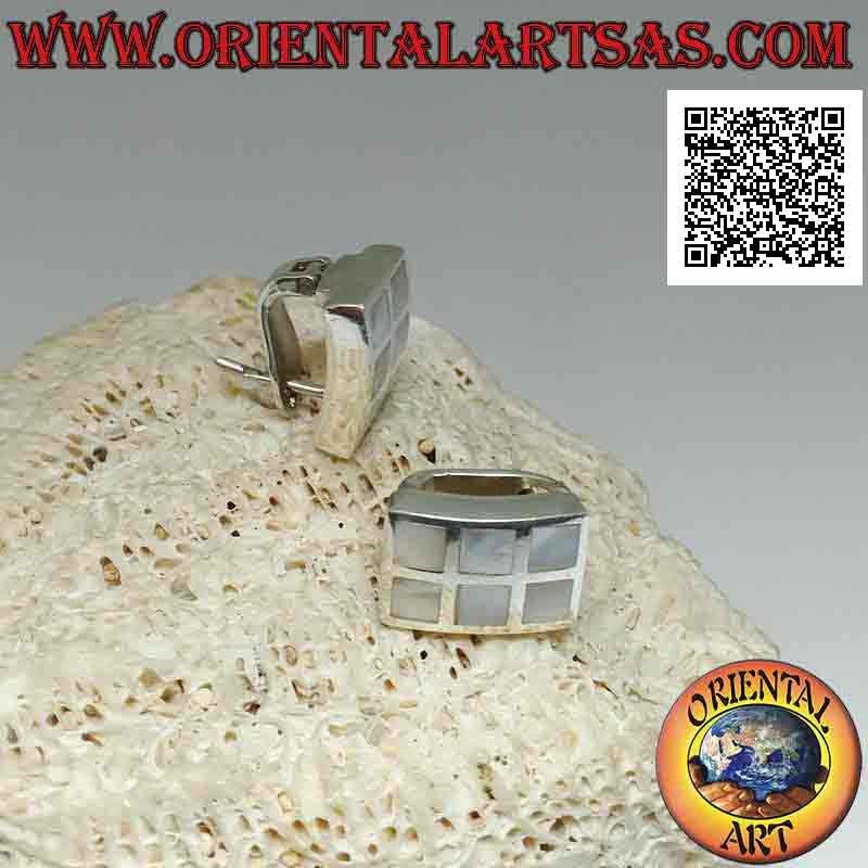 Silver earrings with lever closure, rectangular with 6 squares of mother-of-pearl flush