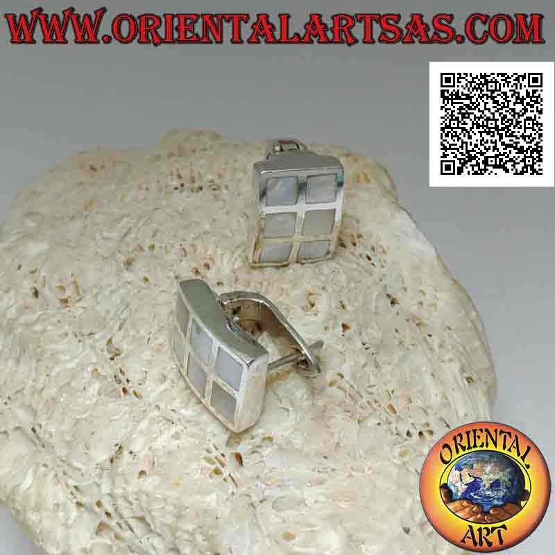 Silver earrings with lever closure, rectangular with 6 squares of mother-of-pearl flush