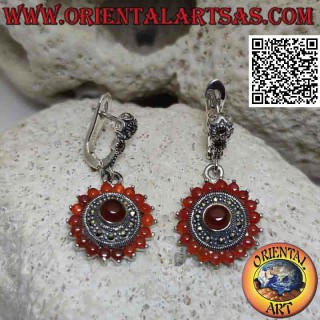 Round silver earrings with 18 + 1 round carnelians and marcasites
