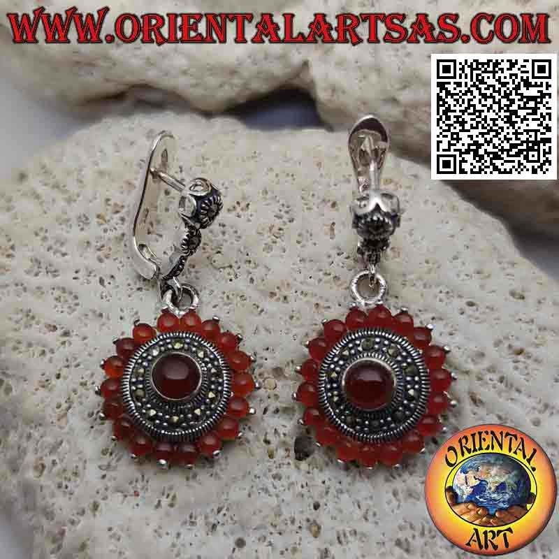 Boucles d'oreilles rondes en argent avec 18 + 1 cornaline ronde et marcassites
