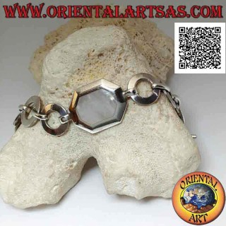 Bracelet chaîne en argent avec anneaux ronds plats avec nacre octogonale avec bord lisse