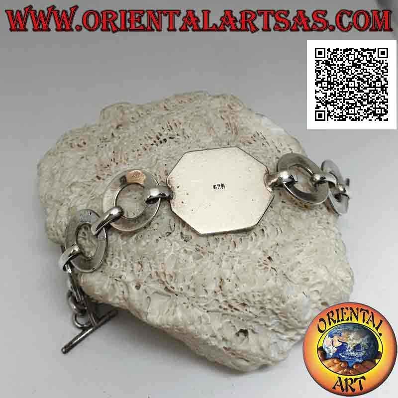 Silberkettenarmband mit flachen runden Ringen mit achteckigem Perlmutt mit glatter Kante