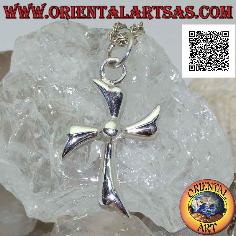 Pendentif en argent, croix latine feuilles en mouvement circulaire avec sphère centrale